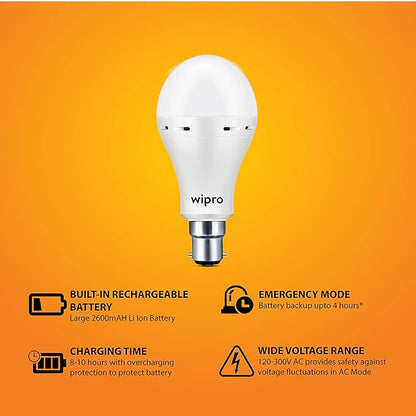 wipro Garnet 9w LED Emergency Bulb | Cool Day White (6500K) | B22 LED Bulb Base | Inverter Bulb for home, with 4 Hours battery back up| Li-ion Battery | Over charging Protection | Pack of 1