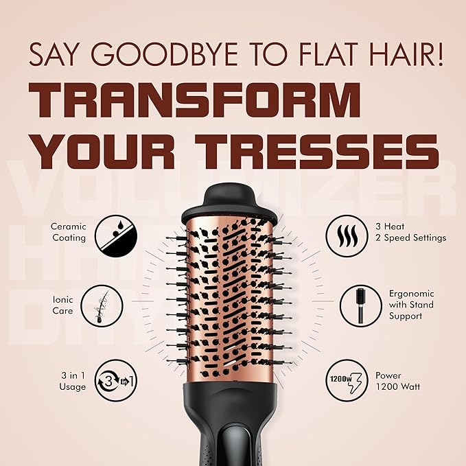 Havells HD4081 Professional Volumizer Hair Dryer, KeraNourish Ceramic Coating Brush Head, 1200 Watts, Ionic Care, Nylon Bristles,Cool Tip with Stand Support
