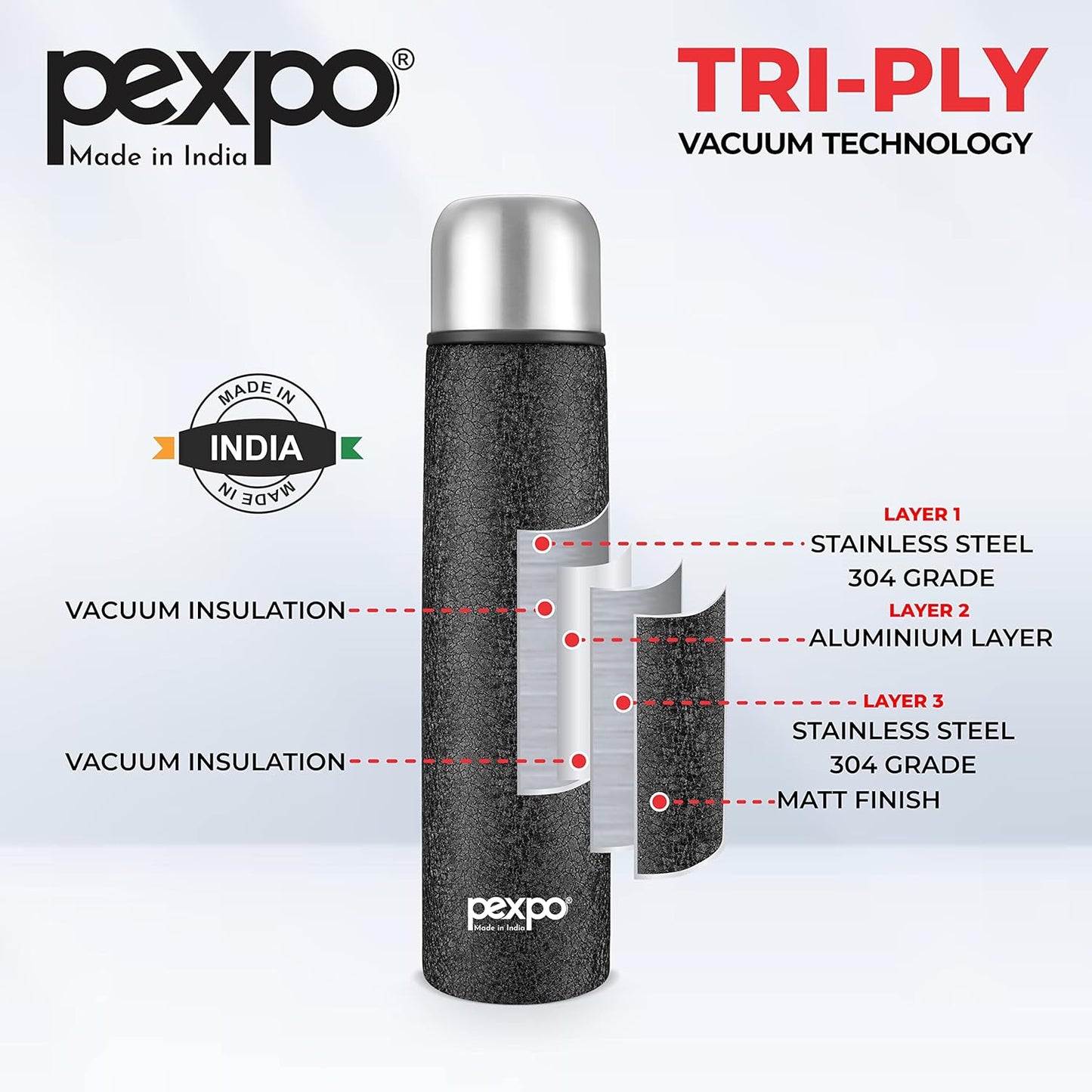 PEXPO Flip Pro 750 Hot & Cold | Vacuum Insulated Stainless Steel Flask - 730ml | Black |Steel Bottle|Leak Proof|Travelling|School & Trekking|Office|Gym