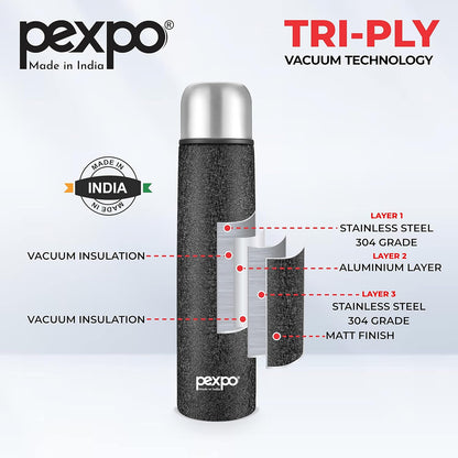 PEXPO Flip Pro 750 Hot & Cold | Vacuum Insulated Stainless Steel Flask - 730ml | Black |Steel Bottle|Leak Proof|Travelling|School & Trekking|Office|Gym