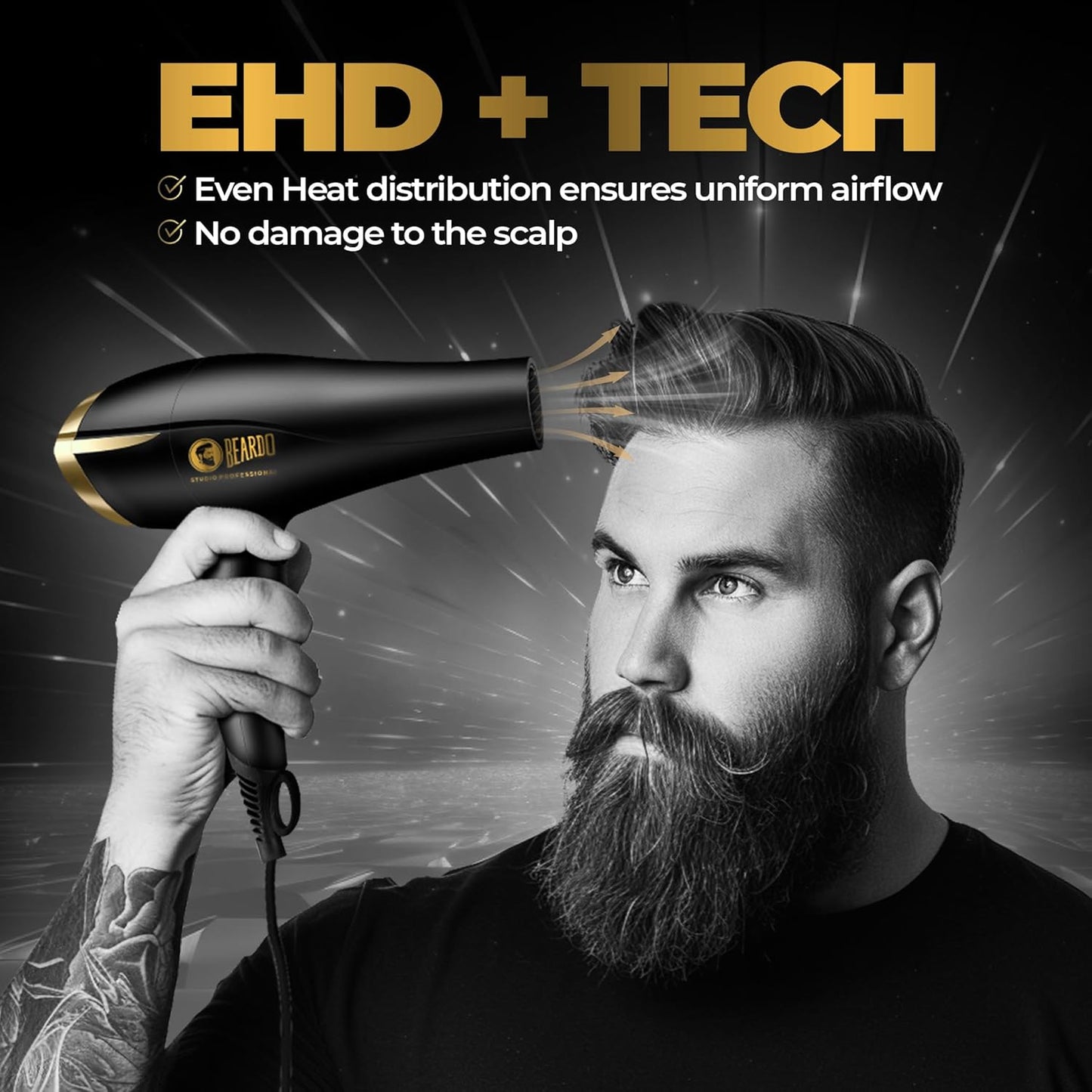 BEARDO Studio Professional Tornado Hair Dryer With 2000 Watts Power|Ac Motor, Concentrator, Diffuser, 2 Speeds, 3 Temperature Settings & Cool Shot Feature|For Professional Drying Experience|Black