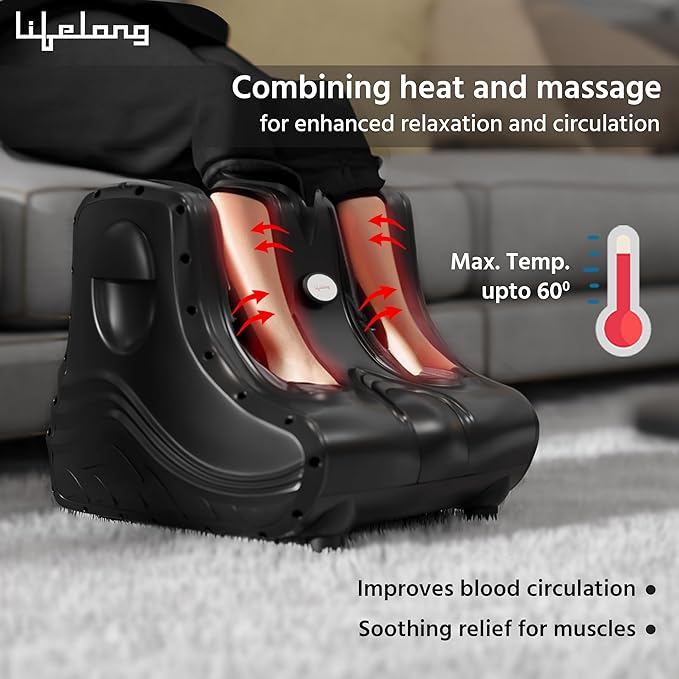 Lifelong Foot Massager Machine for Pain Relief | Electric Foot Massager with Digital Display | Feet Massager for Blood Circulation | Foot Pain Relief with Soothing Heat | Removable Cover | Black LLM1098