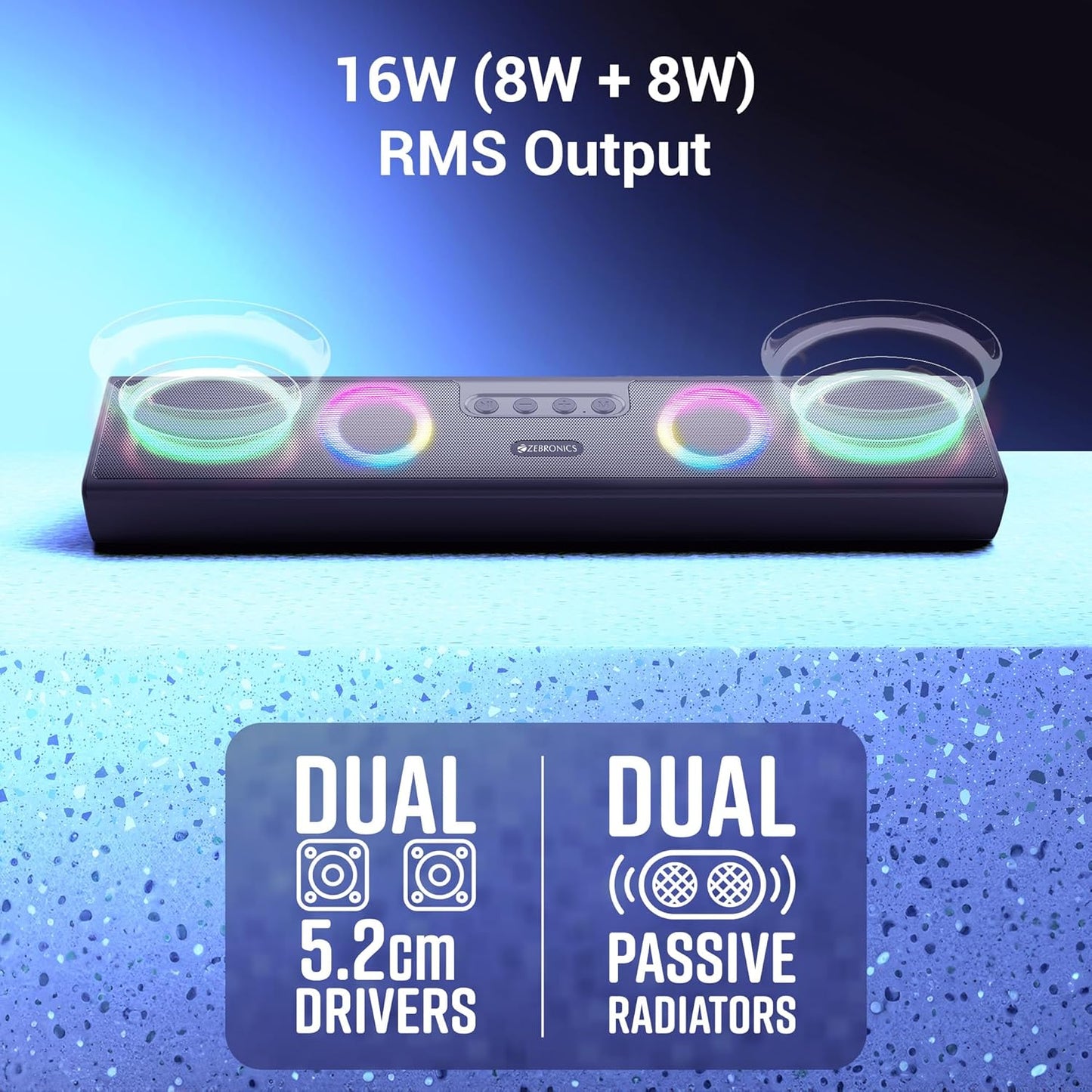 ZEBRONICS Astra 35, Portable Bluetooth Speaker, 16 Watts, Upto 8h Backup, Dual Drivers + Dual Passive Radiators, Call Function, Bluetooth v5.3 | USB | mSD| AUX, TWS, RGB LED