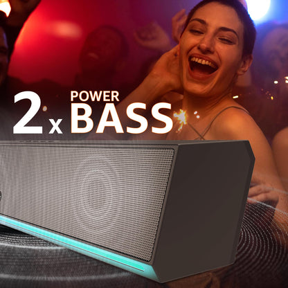 Amazon Basics X20G 16W Bluetooth Soundbar with 2000mAh Battery | 2X Bass | Up to 7 hrs of Playback | RGB Lights | Bluetooth 5.3, Aux & USB Connectivity (Black)