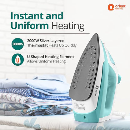 Orient Electric Fabrifeel | 2000W Steam iron (Press)| Non-stick Soleplate | 360-degree swivel cord| U-shaped heating element| Vertical & Horizontal Ironing| | ISI certified | 2-year warranty