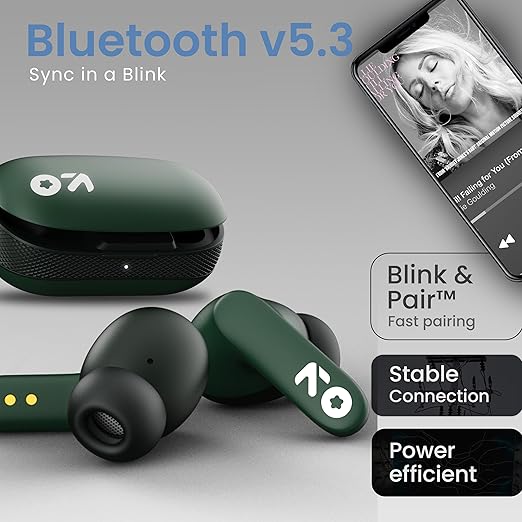 GOBOULT Z20 Made in India Bluetooth Ear Buds Wireless 51H Playtime, Clear Calling ENC Mic, Low Latency Gaming, 10mm Drivers Earbuds Buds Bluetooth Wireless Earphones (Pine Green)