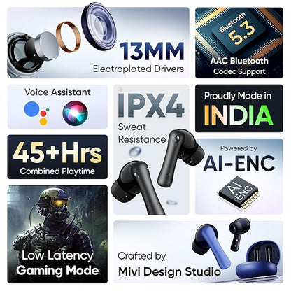 Mivi DuoPods i2 True Wireless Earbuds - 45H+ Playtime, HD Calls, Fast Charging, 13mm Bass Drivers, IPX4 Sweatproof, v5.3 Bluetooth in Ear Ear Buds Wireless, Made in India