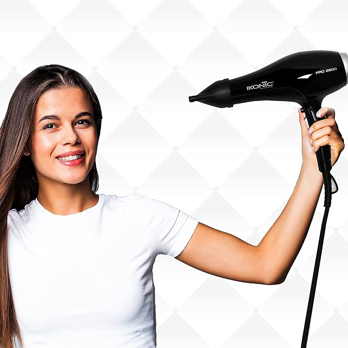 Ikonic Pro 2800+ Hair Dryer, Black | Professional | Brushless DC Motor | Low Noise Function| Lightweight Design| Interchangeable Nozzle| Diffuser Attachment| Versatile Heat and Speed Setting| 2600 W