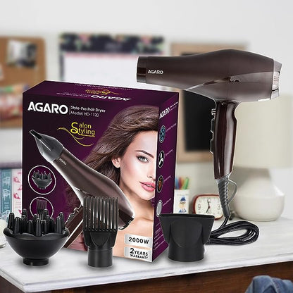 AGARO HD-1120 2000 Watts Professional Hair Dryer with AC Motor, Concentrator, Diffuser, Comb, Hot and Cold Air, 2 Speed 3 Temperature Settings with Cool Shot For both Men and Women, Black