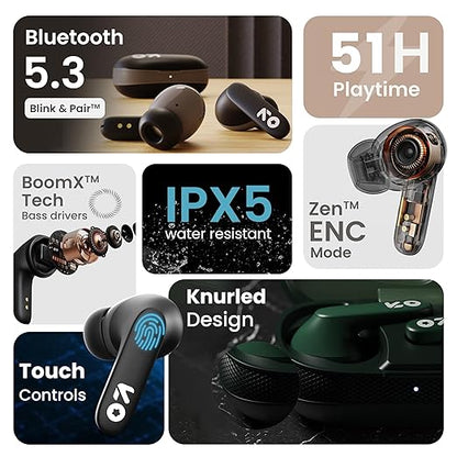 GOBOULT Z20 Made in India Bluetooth Ear Buds Wireless 51H Playtime, Clear Calling ENC Mic, Low Latency Gaming, 10mm Drivers Earbuds Buds Bluetooth Wireless Earphones (Pine Green)