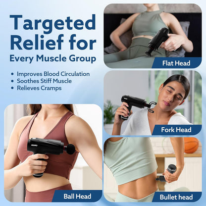 AGARO Primo Gun Massager, 4 Heads, 6 Speed, Rechargeable, Handheld, Deep Tissue Muscle Massager for Full Body Relief, Muscle Relaxation of Neck, Shoulder, Back, Foot for Men & Women, Black.