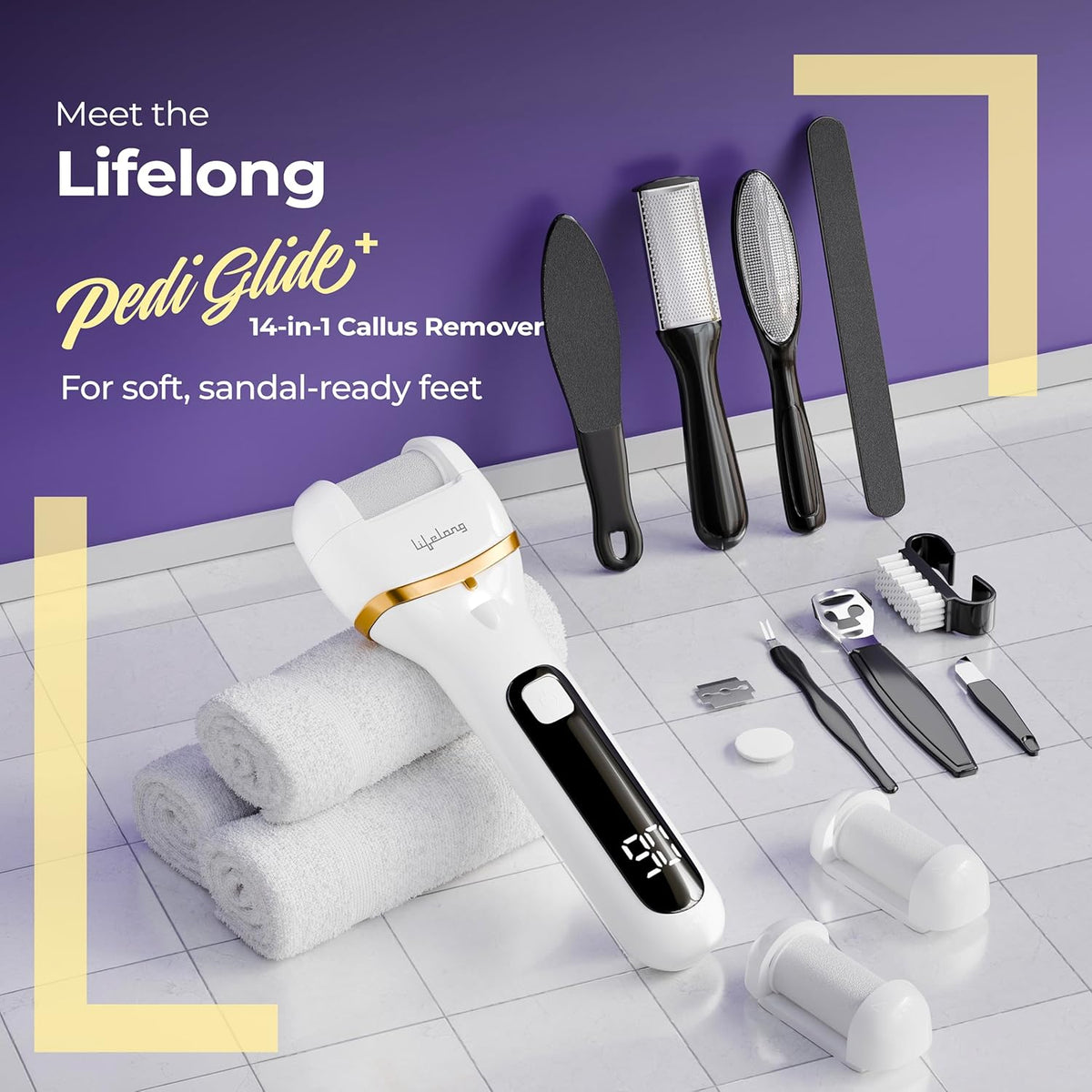 Lifelong LLPCW105 Callus Remover for Feet Electronic with 3Heads | 14-in-1 Pedicure Tool Kit | Type-C Rechargeable Foot Scrubber for Dead Skin Remover | 3-Hr Runtime, Waterproof, 3-Speed Foot Cleaner & Filer