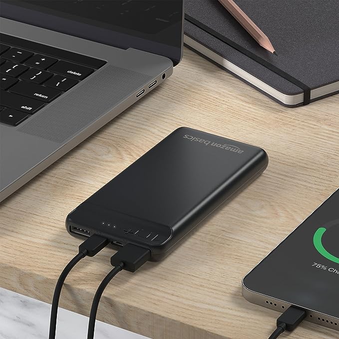 amazon basics 10000mAh 12W Lithium-Polymer Power Bank | Dual Input, Dual Output | Black, Type-C Cable Included