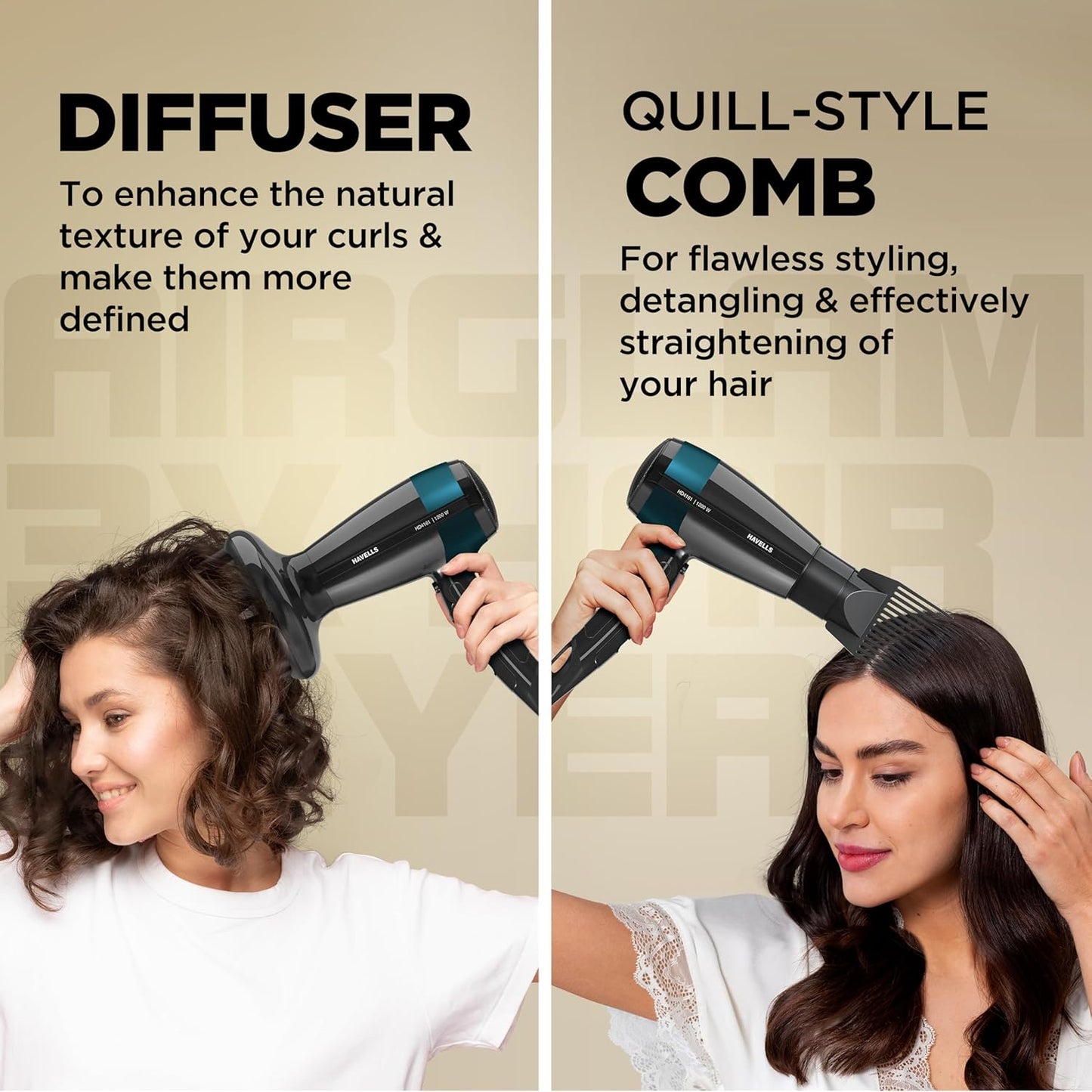 Havells Styling Hair Dryer | Hypersonic Motor | 3 Detachable Attachment| Diffuser, Quill-Style Comb, Aerofocus Nozzle|3 Temperature/2 Speed Settings| Cool Shot| 1200 W |2 years guarantee|HD4161