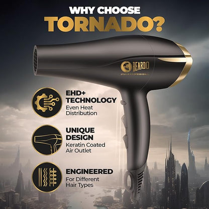 BEARDO Studio Professional Tornado Hair Dryer With 2000 Watts Power|Ac Motor, Concentrator, Diffuser, 2 Speeds, 3 Temperature Settings & Cool Shot Feature|For Professional Drying Experience|Black
