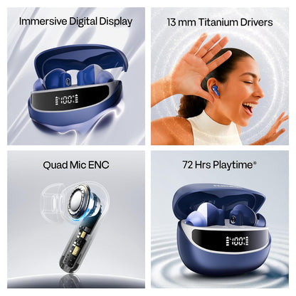Number Navo Buds Z1 TWS Earbuds | 72H Playtime | Digital Display Case | Quad-Mic ENC | Dual Pairing | Hi-Bass 13mm Drivers | Quick Charge | 35ms Low Latency | IPX5 | Touch Controls | (Winter Blue)