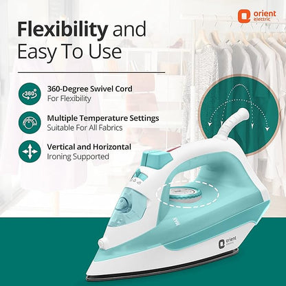 Orient Electric Fabrifeel | 2000W Steam iron (Press)| Non-stick Soleplate | 360-degree swivel cord| U-shaped heating element| Vertical & Horizontal Ironing| | ISI certified | 2-year warranty