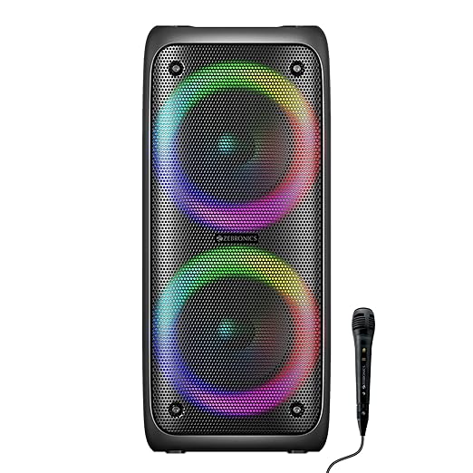 Zebronics Barrel 200 Bluetooth 5.0 Portable Speaker with 40W RMS, TWS, Wired Mic, Karaoke, RGB Lights, Mobile Holder, Dual 6.5" Drivers, Carry Handle and Built-in Rechargeable Battery