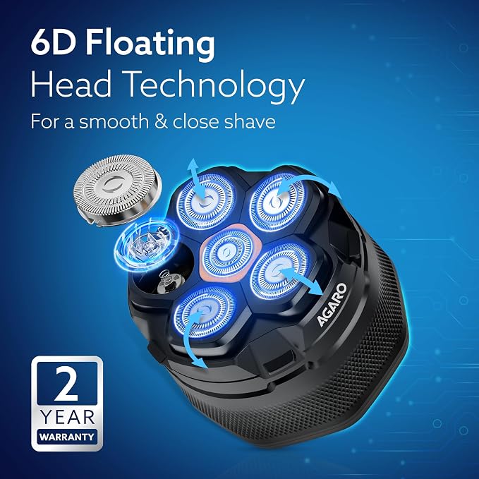 AGARO Head Shaver, for Bald Men, 6 Flexible Heads, Wet/Dry Head Shaver, Rechargeable, IPX7 Waterproof, Detachable Heads HS7979