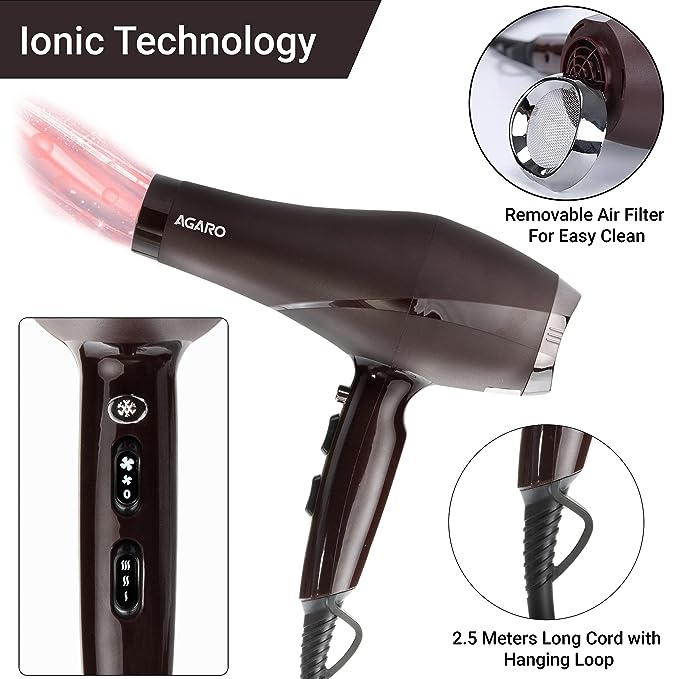 AGARO HD-1120 2000 Watts Professional Hair Dryer with AC Motor, Concentrator, Diffuser, Comb, Hot and Cold Air, 2 Speed 3 Temperature Settings with Cool Shot For both Men and Women, Black