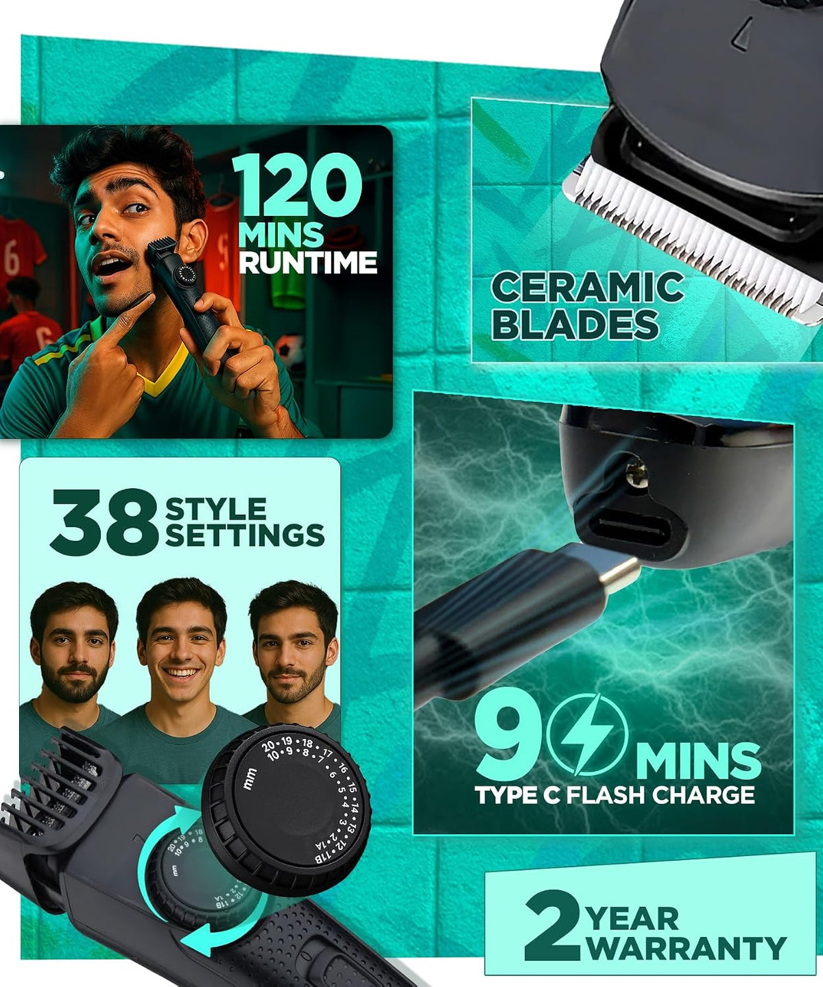 Bombay Shaving Company All Rounder 2-in-1 Trimmer for Men | Beard & Body Grooming with Dual Heads | Ceramic Blades for Sensitive Skin | 38 Style Settings | 120 Min Runtime | Type-C Fast Charge