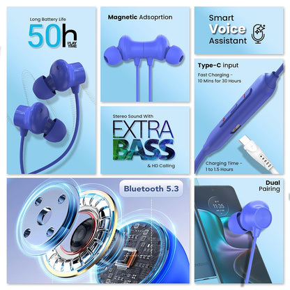 AROMA NB120 Ace Upto 50 Hours* Playtime, Fast Charging, Dual Pairing BT Neckband Bluetooth