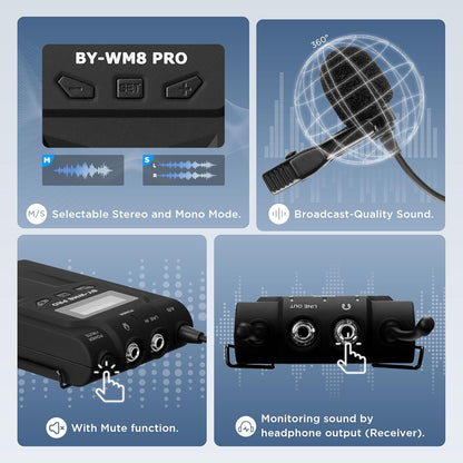 BOYA by-WM8 PRO-K2 UHF Wireless Lavalier Microphone Systems for Cameras Camcorder Smartphone 48-Channel, Real-Monitoring, 984ft, Mic for Live Streaming Video Recording Interview (by-WM8 PRO-K2)