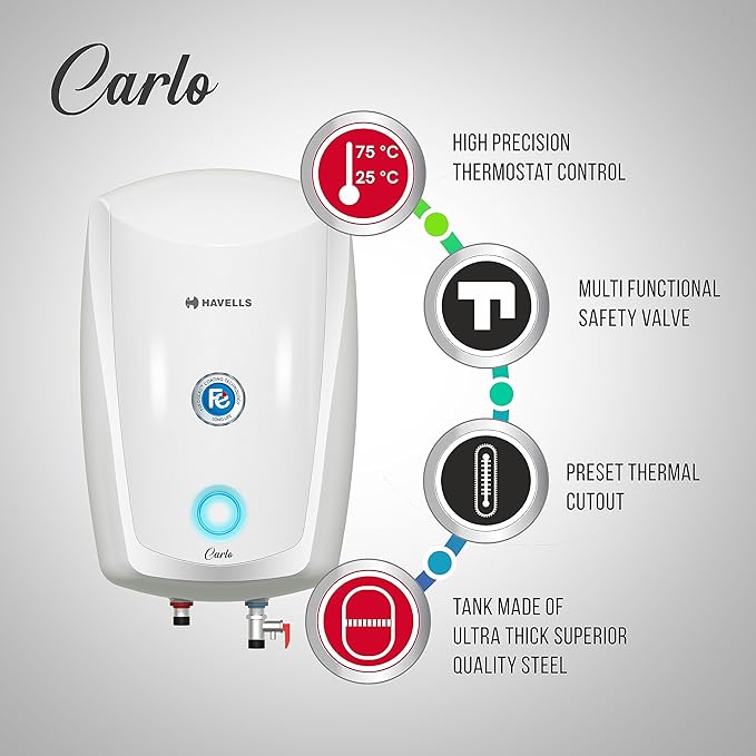 Havells Carlo 5 Litre Instant Water Heater, 3000 watt, Warranty: 5 Year on Inner Container and 2 Years Comprehensive (White) Wall mount