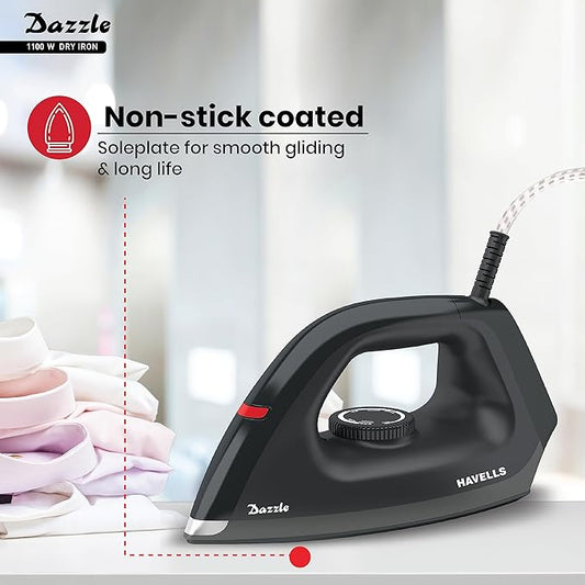 HAVELLS Plastic Dazzle 1100W Dry Iron Press German Technology Non Sick Coated Sole Plate & 2 Yrs Warranty (Black), 1100 Watts