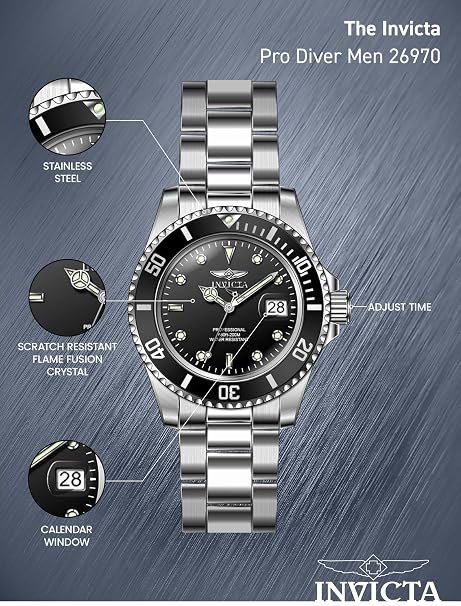 Invicta Analogue Black Dial Men's Watch-26970Collection: Pro Diver Color: Black Dial Color: Black Dial Material: Sunray Band Color: Stainless Steel