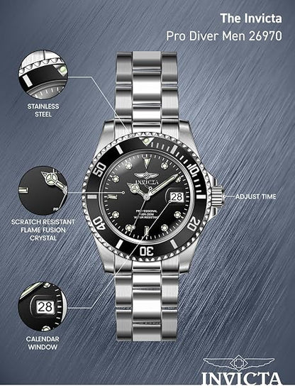 Invicta Analogue Black Dial Men's Watch-26970Collection: Pro Diver Color: Black Dial Color: Black Dial Material: Sunray Band Color: Stainless Steel