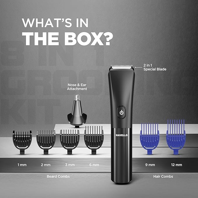 Havells 8 in 1 Grooming Kit |2-in-1 Special Blade|Nose & Ear Attachment|4 Beard & 2 Hair Combs|Type C Turbo Charge|No Nicks & Cuts|2 Year Guarantee|GS4008