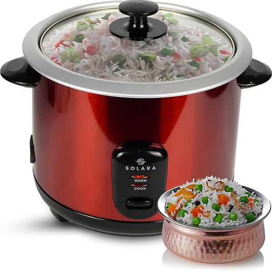 SOLARA Automatic Rice Cooker, Automatic Electric Cooker with Food Steamer, Electric Rice Cooker and Grain Cooker, 400 Watts, RiceCooker 1 litre with Steam & Rinse Basket, Red