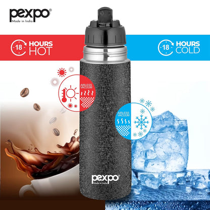 PEXPO Flip Pro 750 Hot & Cold | Vacuum Insulated Stainless Steel Flask - 730ml | Black |Steel Bottle|Leak Proof|Travelling|School & Trekking|Office|Gym