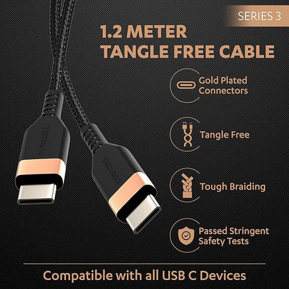 Duracell Usb Type C To Type C 5A(100W) Braided Sync& Charging Cable,Compatible With Mobile,Laptop,Tablets&Macbook,3.9 Feet(1.2M) Supports Pd&Qc 3.0 Charging,5 Gbps Data Transmission,Black