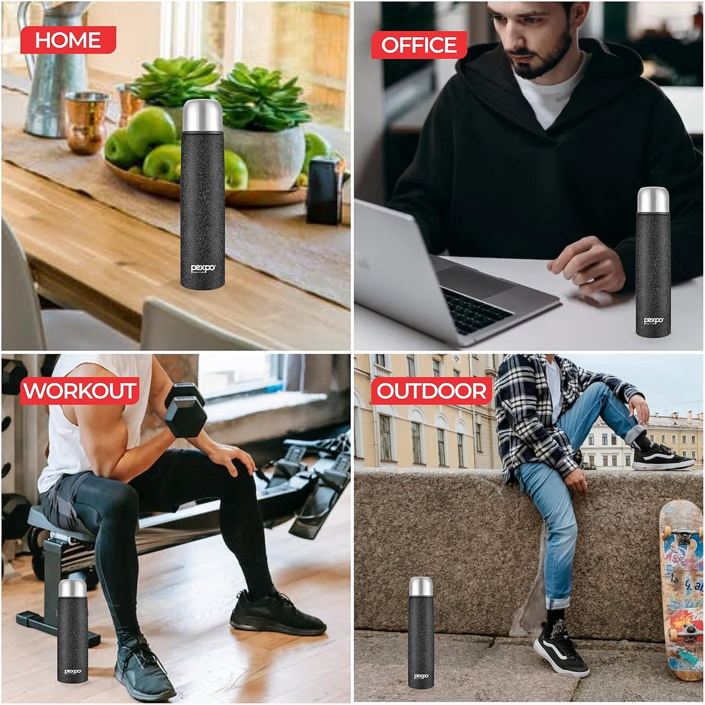 PEXPO Flip Pro 750 Hot & Cold | Vacuum Insulated Stainless Steel Flask - 730ml | Black |Steel Bottle|Leak Proof|Travelling|School & Trekking|Office|Gym