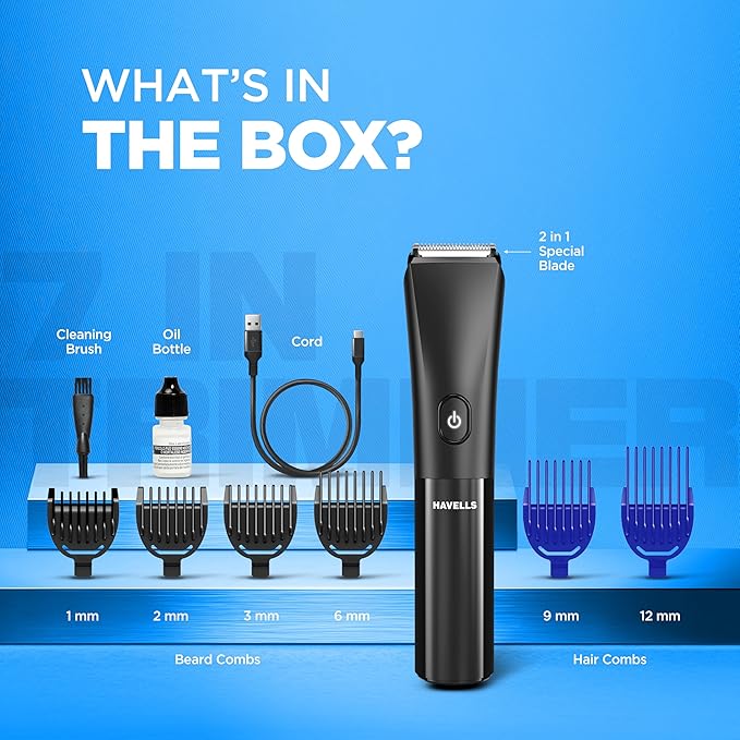 Havells Beard & Hair 7 in 1 Trimmer |2-in-1 Special Blade| Comes with 4 Beard & 2 Hair Combs|Type C Turbo Charge|No Nicks & Cuts|2 Year Guarantee|BT4001