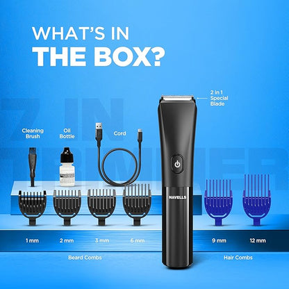 Havells Beard & Hair 7 in 1 Trimmer |2-in-1 Special Blade| Comes with 4 Beard & 2 Hair Combs|Type C Turbo Charge|No Nicks & Cuts|2 Year Guarantee|BT4001
