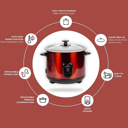 SOLARA Automatic Rice Cooker, Automatic Electric Cooker with Food Steamer, Electric Rice Cooker and Grain Cooker, 400 Watts, RiceCooker 1 litre with Steam & Rinse Basket, Red