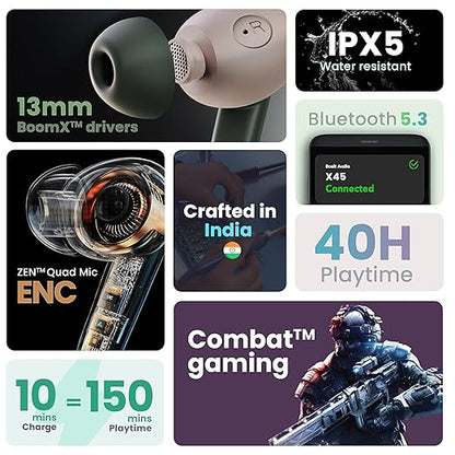 Boult Audio X45 Truly Wireless in Ear Earbuds with 40H Playtime, 45ms Low Latency Gaming, 4 Clear Calling ENC Mic, 13mm Drivers, Type C Fast Charging, Bluetooth 5.3 Ear Buds TWS, IPX5 Earpods (Black)