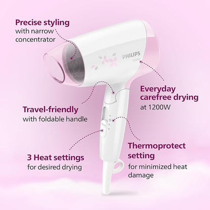 Philips Hair Dryer | Quick Gentle Drying with Thermoprotect Care | 1200 Watts | 3 Heat and Speed Settings with Cool Shots | HP8120/00, Pink