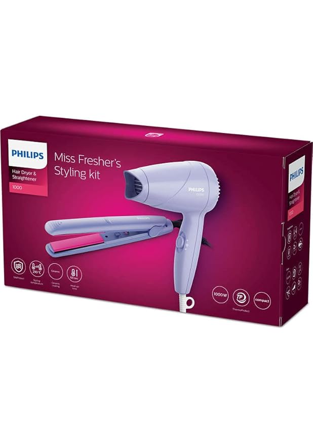 Philips HP8643/56 1000 Watts Hair Dryer and Straightener Combo, Miss Fresher's Styling Kit, Purple