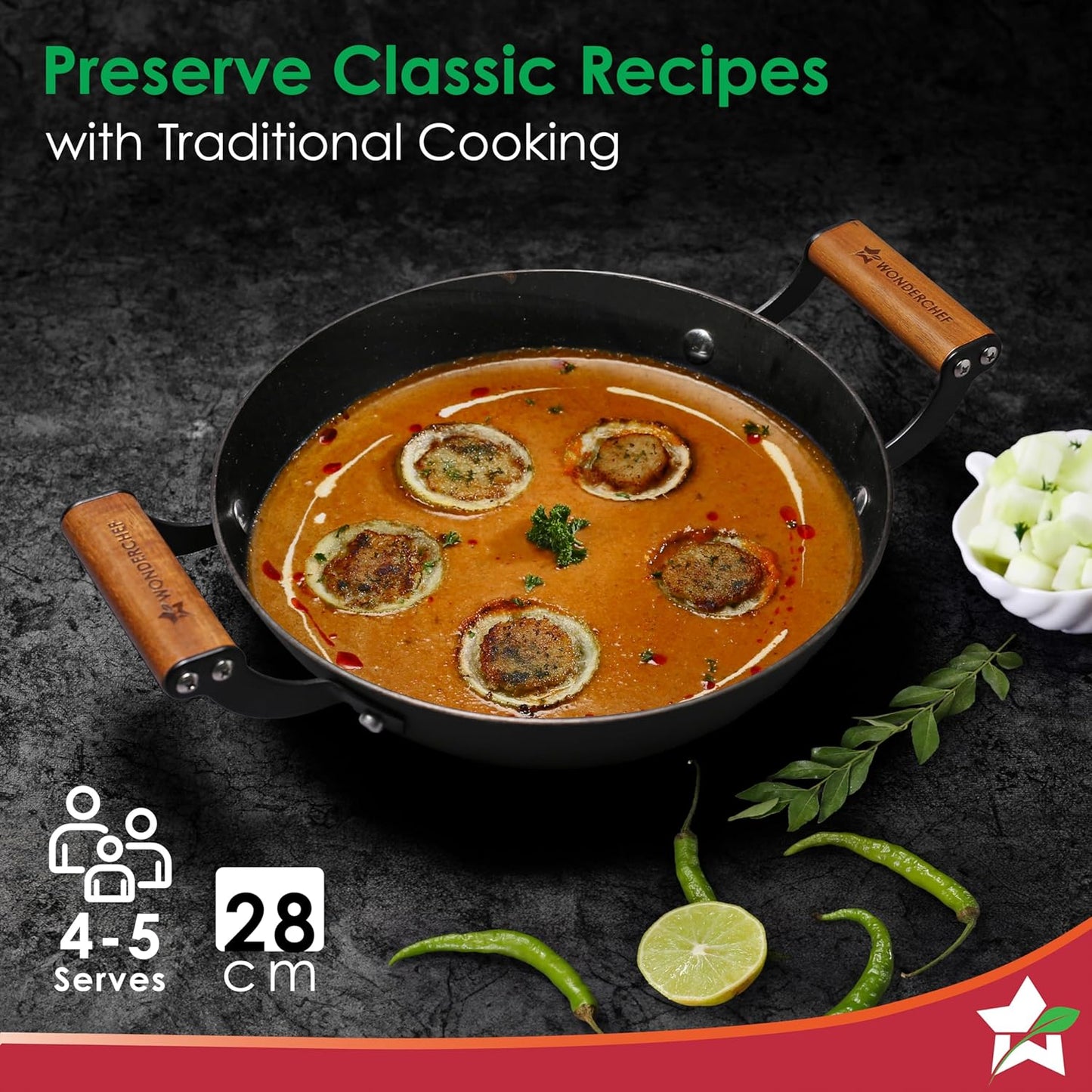 Wonderchef Pre-Seasoned Ferro Light 28cm Kadhai | 3.2L | Acacia Wooden Handles | Gravity Moulding Technology | No Chemical Coating |10 Year Warranty