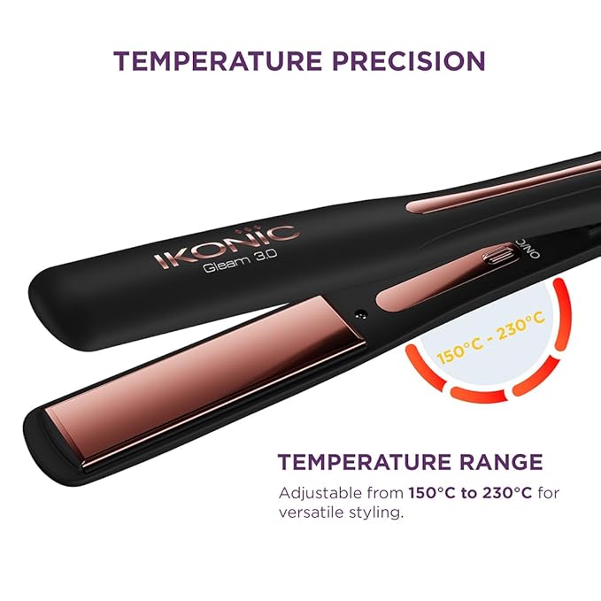 Ikonic Gleam 3.0 Hair Straightener, Black| Super slim 1 inch plates | Ergonomically slim | Digital temperature control| Automated Shut Off Safety | Advanced Rose Gold Titanium surface| Quick Heat