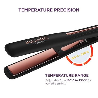 Ikonic Gleam 3.0 Hair Straightener, Black| Super slim 1 inch plates | Ergonomically slim | Digital temperature control| Automated Shut Off Safety | Advanced Rose Gold Titanium surface| Quick Heat