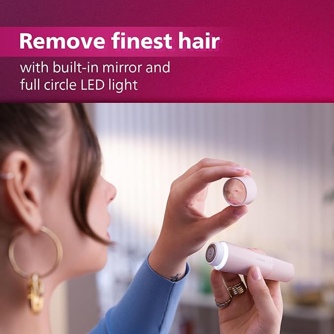 Philips Facial Trimmer for Women - SkinSafe with Hypo Allergenic Blades I Makeup must-have for glowing results I Self-sharpeing blades I Mirror & Light for Clean Trim I No Skin irritation I Cleaning brush I Travel Friendly I 2 Year Warranty - BRR454/00