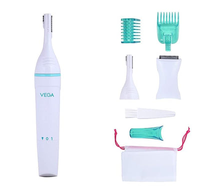 Vega Silk Touch Trimmer with Bikini Head, 2 sided Trimming Head with 2 Comb Attachement Battery Operated for Eyebrow, Underarms & Bikini Trimmer for Women, (VHBT-01)