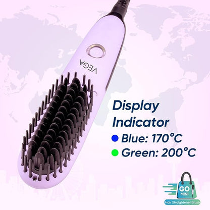 Vega Mini Hair Straightener Brush for Women with Thermoprotect Technology, Ceramic Coated Bristles & 2 Heat Settings, Automatic Cut-Off, 2 Temperature Settings, (Go Mini Series, VHSB-05), Purple
