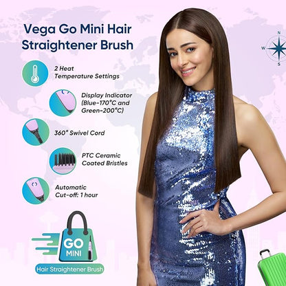 Vega Mini Hair Straightener Brush for Women with Thermoprotect Technology, Ceramic Coated Bristles & 2 Heat Settings, Automatic Cut-Off, 2 Temperature Settings, (Go Mini Series, VHSB-05), Purple
