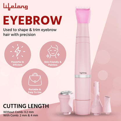 Lifelong Rechargeable Body Hair Trimmer for Women | 1 Year Warranty | 4 in 1 Women Full Body Trimmer for Bikini, Face, Full Body, Nose, Ear, Eyebrow, Underarms Trimmer | 60 Minutes Runtime | Hair Removal Machine for Women (Pink)